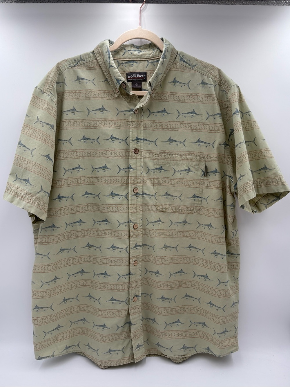 Woolrich Mens XL Fish Print Button Down‎ Shirt Vintage Y2K Coastal Outdoor